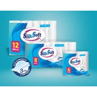 Туалетная бумага SilkSoft,  3-х слойная, со втулкой, 12 РУЛОНОВ